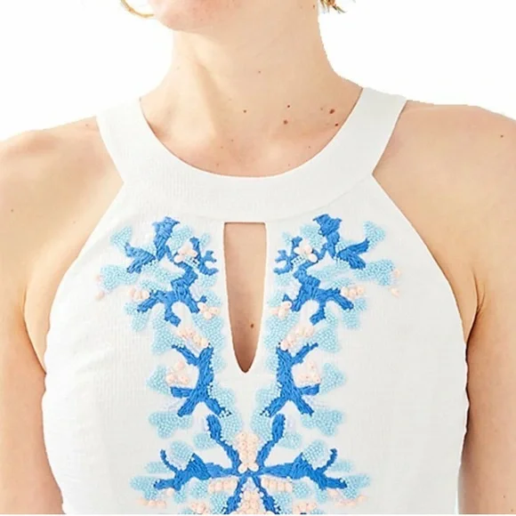 NWOT Size Large Lilly Pulitzer JENA STRETCH SHIFT DRESS White BEADS CORALS